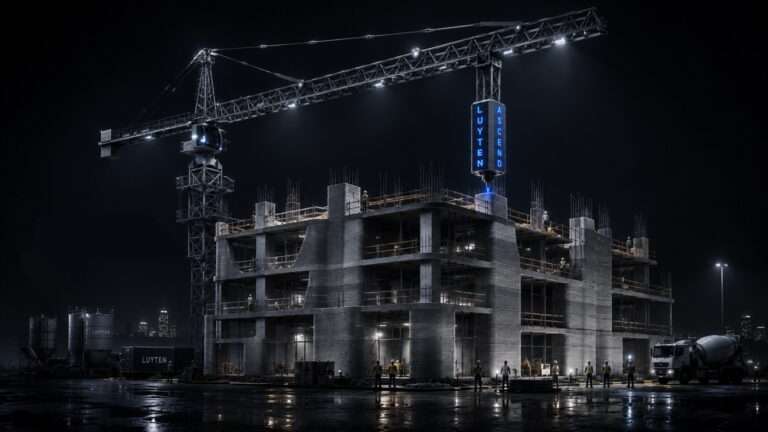 A multi-story concrete structure under construction at night by a tower crane equipped with a 3D-printing nozzle.