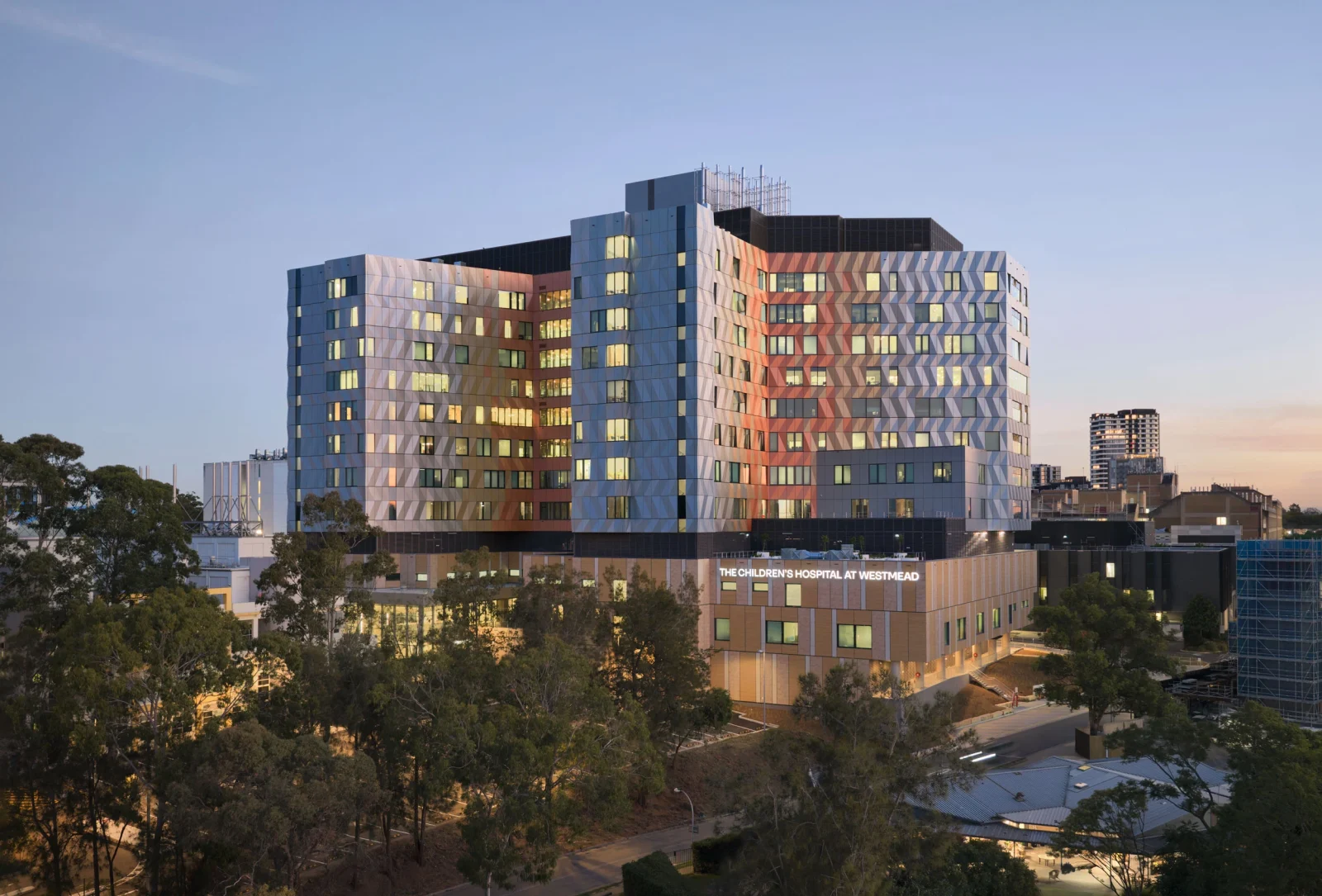 Exterior view of a multi-story medical building with a patterned multi-colored facade behind a tree line.