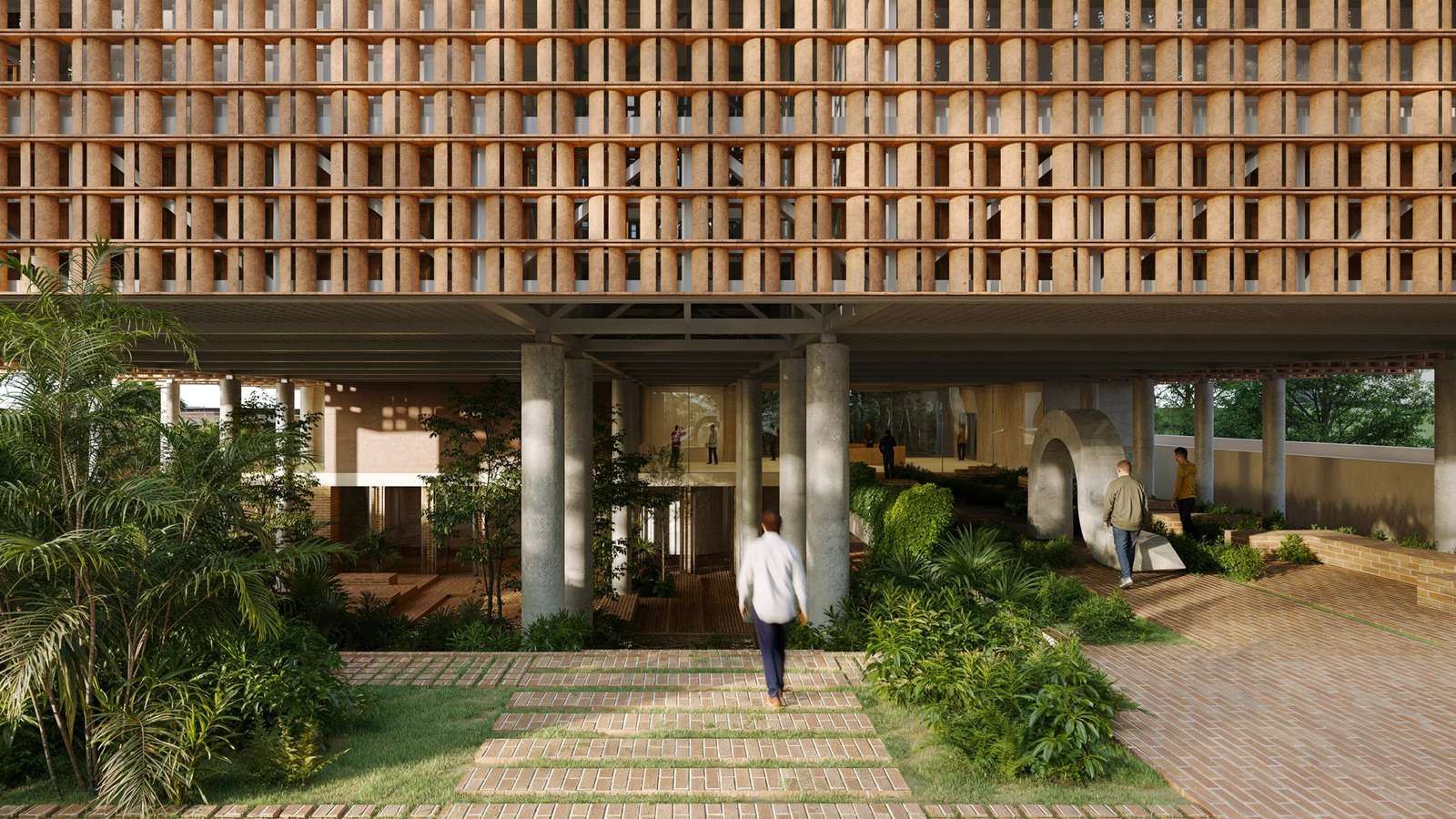 Pedestrian walking through a shaded plaza beneath an elevated building with a ceramic lattice screen facade.