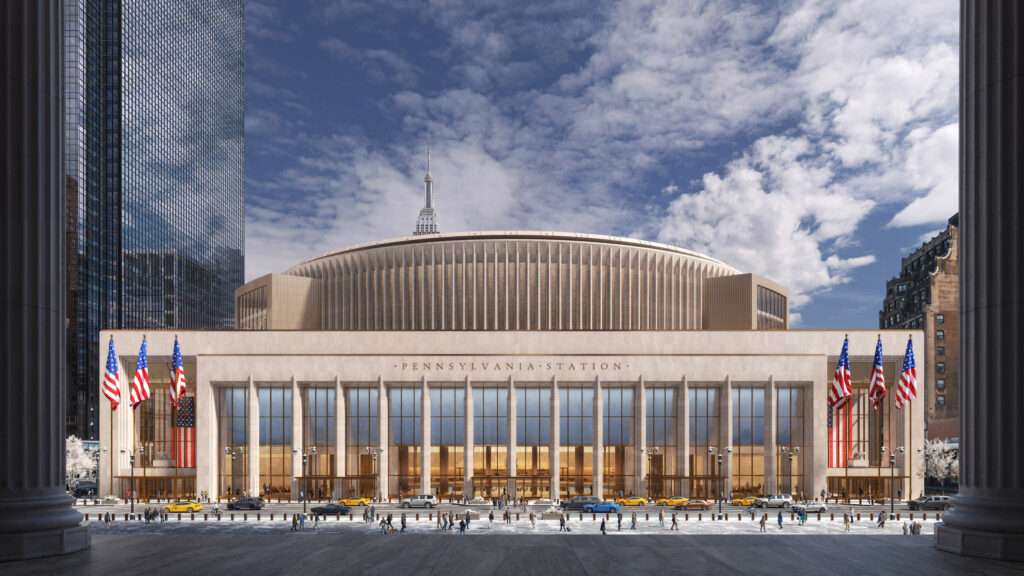 Front elevation of Penn Station showing a 450-foot-long stone colonnade and glazed facade under a large circular dome.