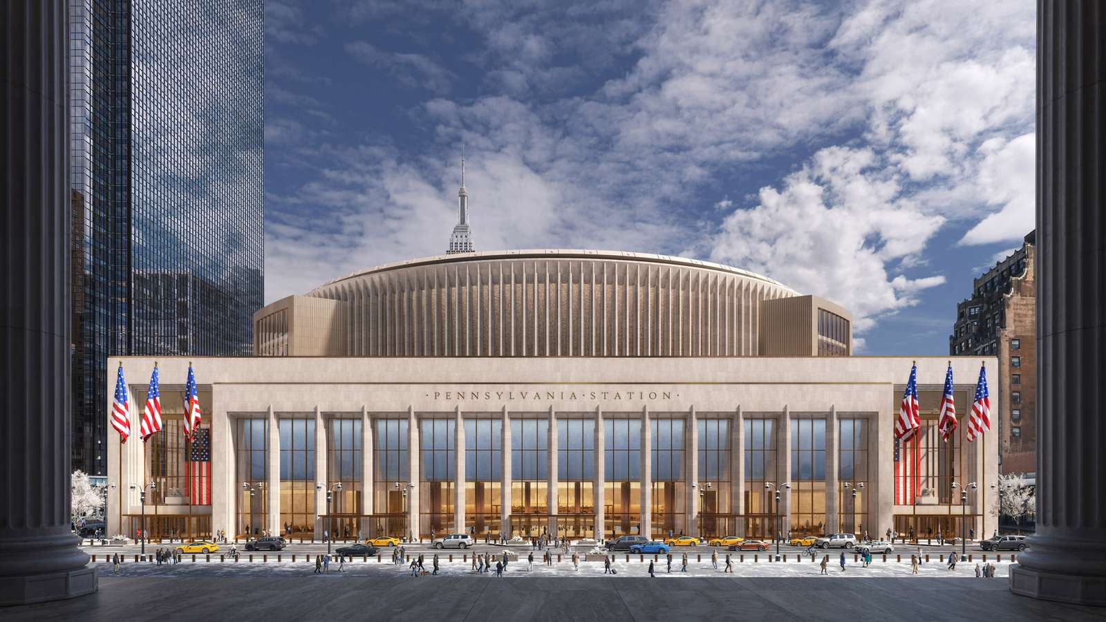 Front elevation of Penn Station showing a 450-foot-long stone colonnade and glazed facade under a large circular dome.