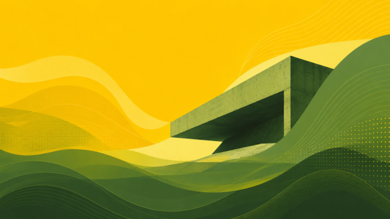 Abstract architectural waves surrounding a modern structure within a layered green landscape