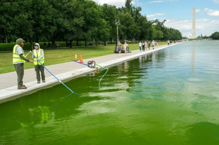 Maintenance workers in safety vests treat green algae-filled reflection pool with Washington Monument in background