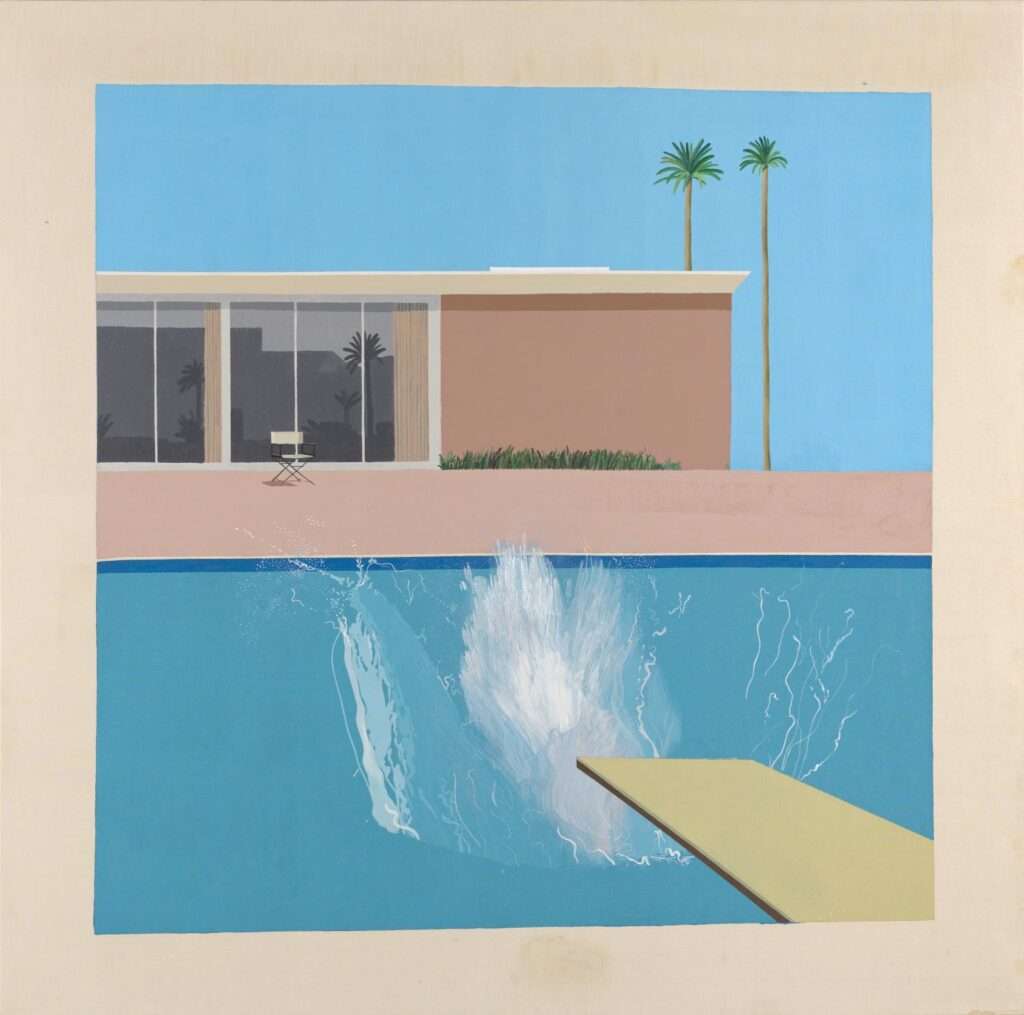A flat-roofed mid-century modern pavilion with large glazing next to a swimming pool with a diving board splash.
