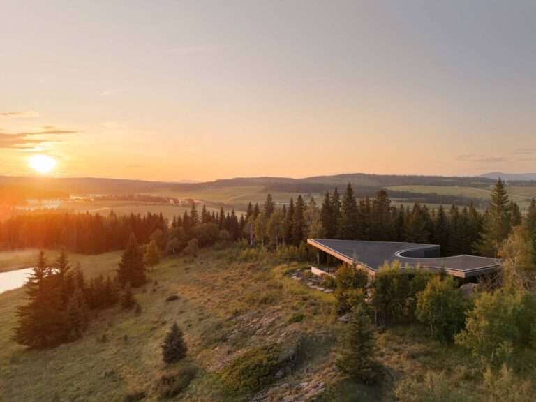 Aerial view of a residential structure with a prominent butterfly roof situated within a forested mountain landscape.