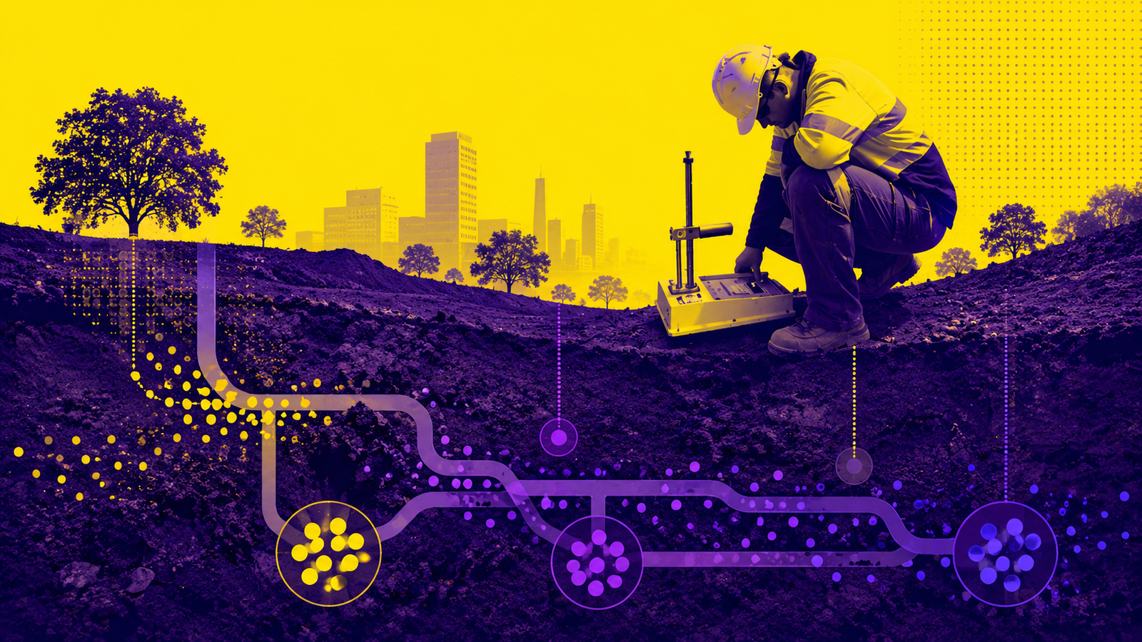 Conceptual cross-section of soil showing nano-sensor pathways beneath a future urban landscape.