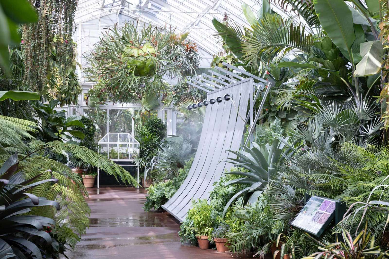 An aluminum climate device installation positioned along a pathway inside a lush glass conservatory filled with tropical plants.