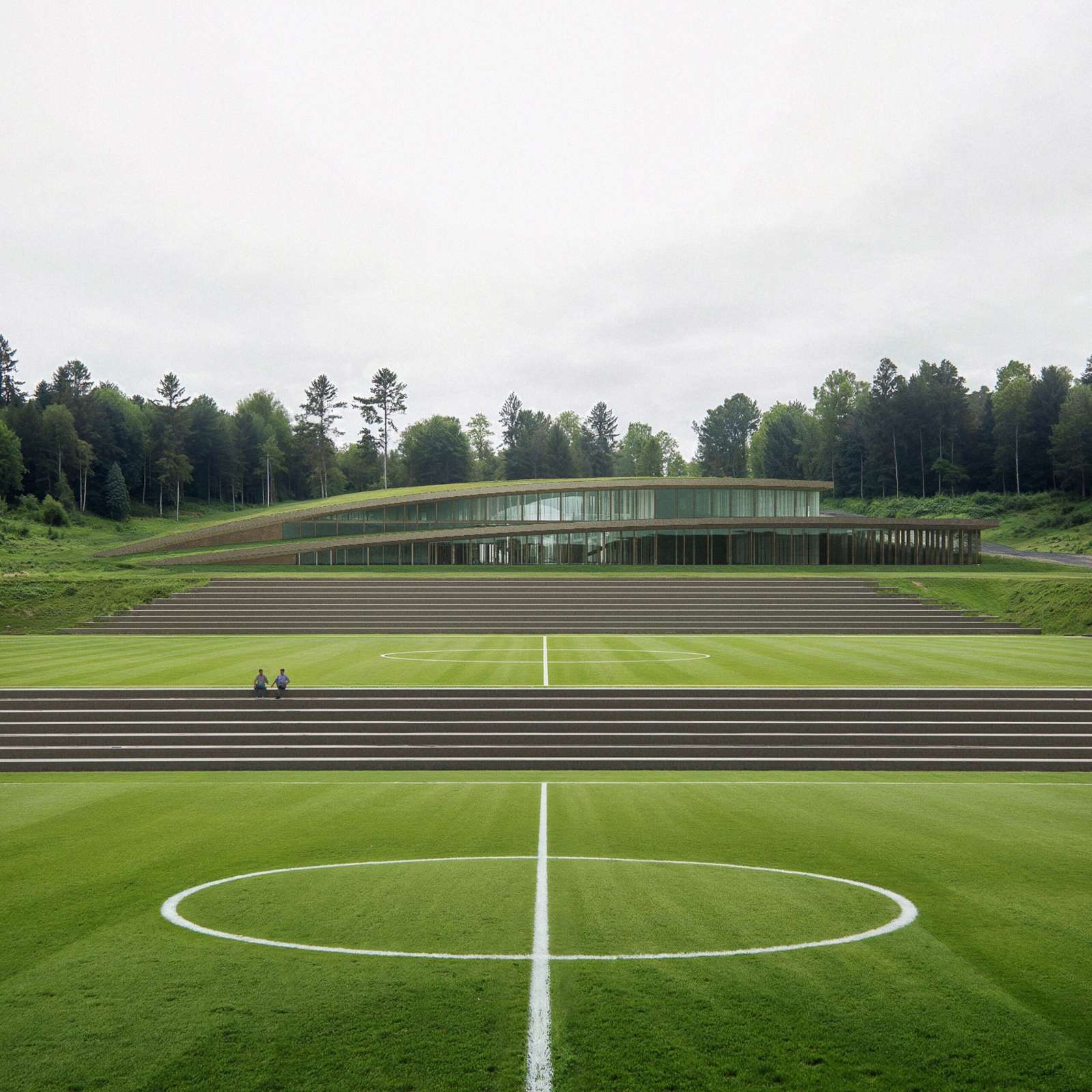 Eye-level view of a multi-tiered glazed facility integrated into a grassy hillside behind a football pitch.