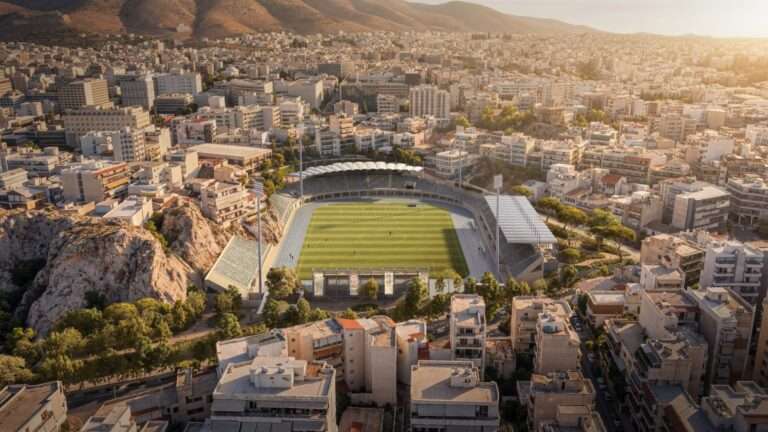 Aerial view of an urban sports stadium surrounded by dense city blocks and a rocky outcrop.