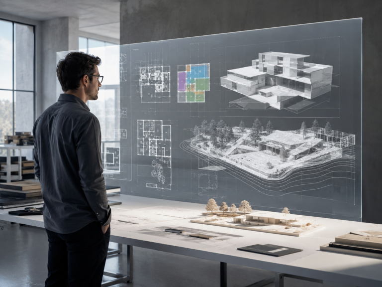 Architect reviews a digital interface generating spatial layouts and a 3D model inside a design studio