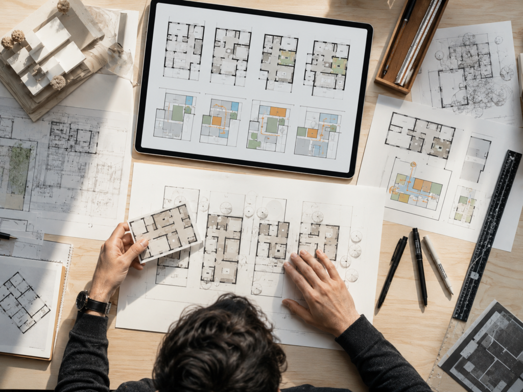 
Multiple house plan variations appear on a digital screen above an architectural desk without any text