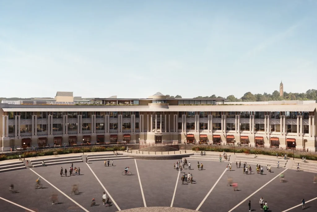 Architectural rendering of a curved building facade with colonnades facing an open public plaza with steps.