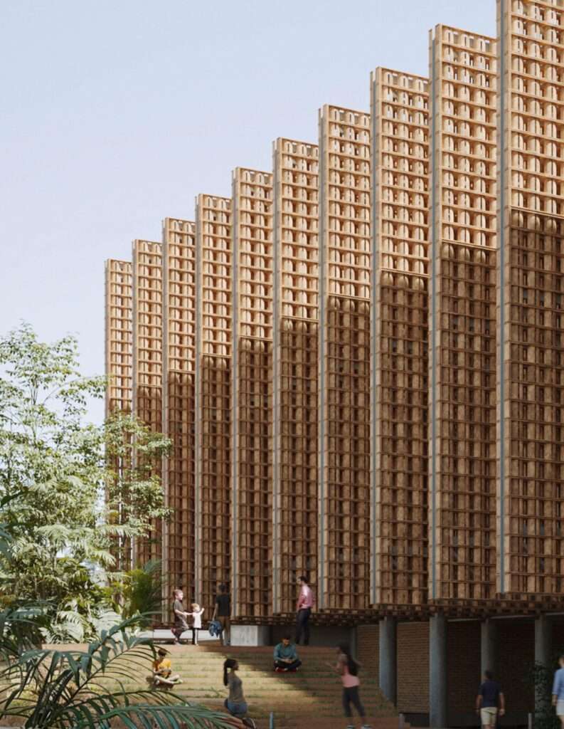 Stepped exterior facade composed of vertical ceramic-clad lattice screens managing solar gain.