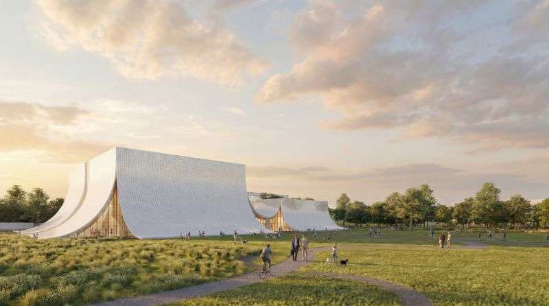 A rendering of a white building with draped stone facades sitting in a grassy park.