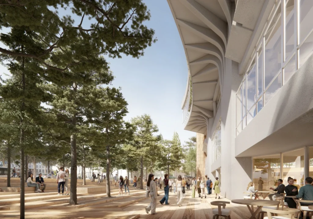 Pedestrians walking on stepped public spaces lined with trees next to a modern building facade.