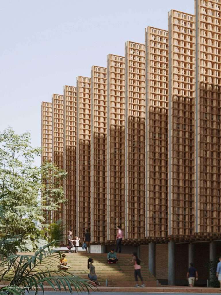 A repetitive, saw-tooth patterned building facade constructed from textured ceramic lattice screens overlooking seating steps.
