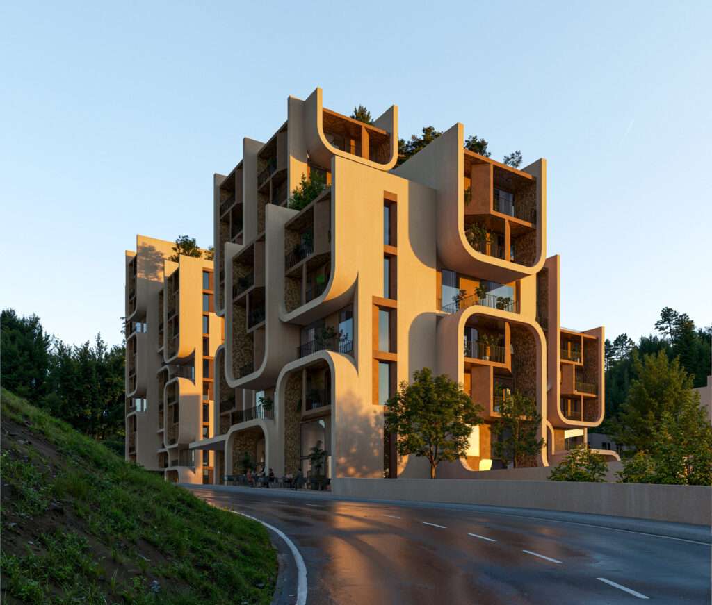 A close-up view of a building facade with fawn-colored cladding and deep curved overhanging balconies.