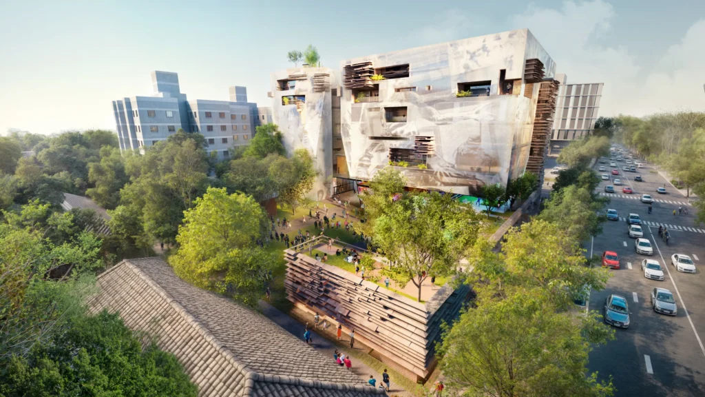 Elevated view of a modern complex with landscaped public plazas, roof terraces, and integrated historic structures.