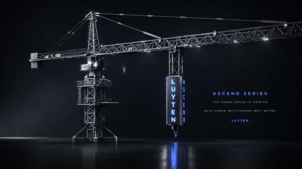 Studio shot of a scale model or rendering showing a tower crane with an attached blue-lit ASCEND 3D printing unit.