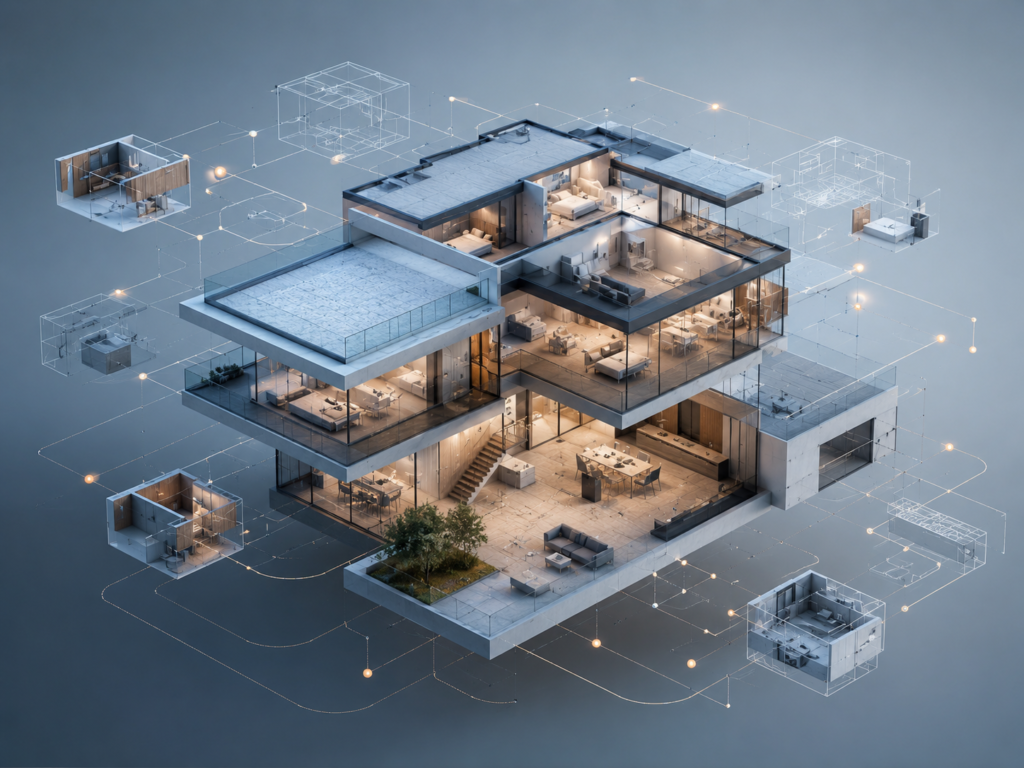 A three-dimensional residential model connects to a network of spatial and functional relationships in an abstract digital environment