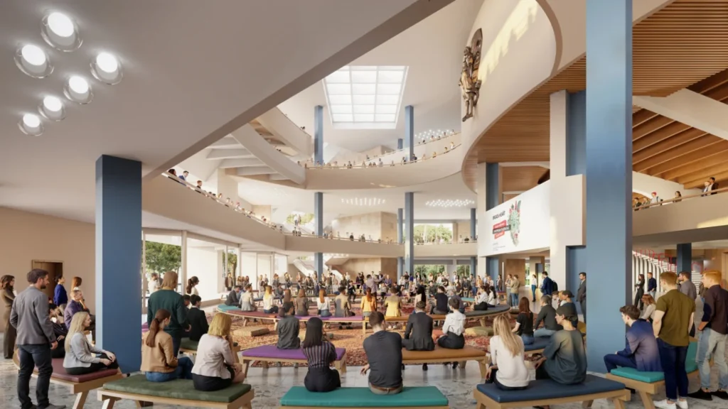 A multi-level interior public atrium with circular seating tiers and a large skylight overhead.