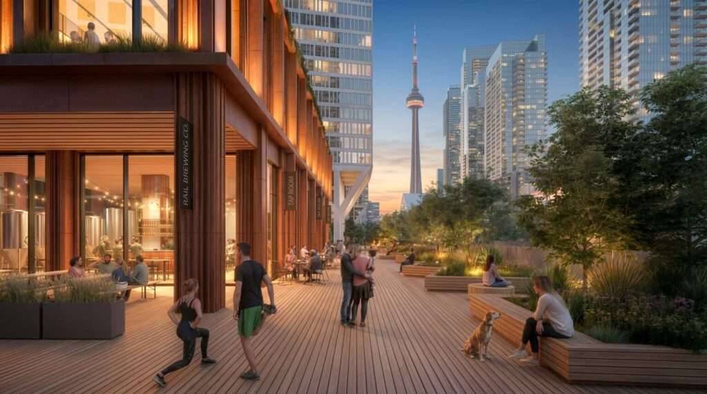 A rendering of a wood-clad pedestrian walkway lined with retail shops and outdoor seating at dusk.