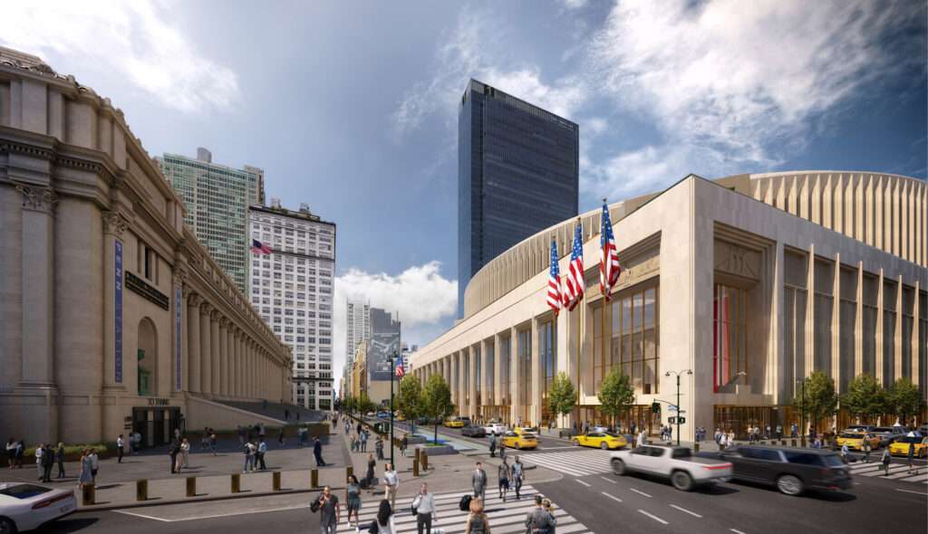 Street perspective showing the renovation opposite historical stone porticos and modern skyscrapers.