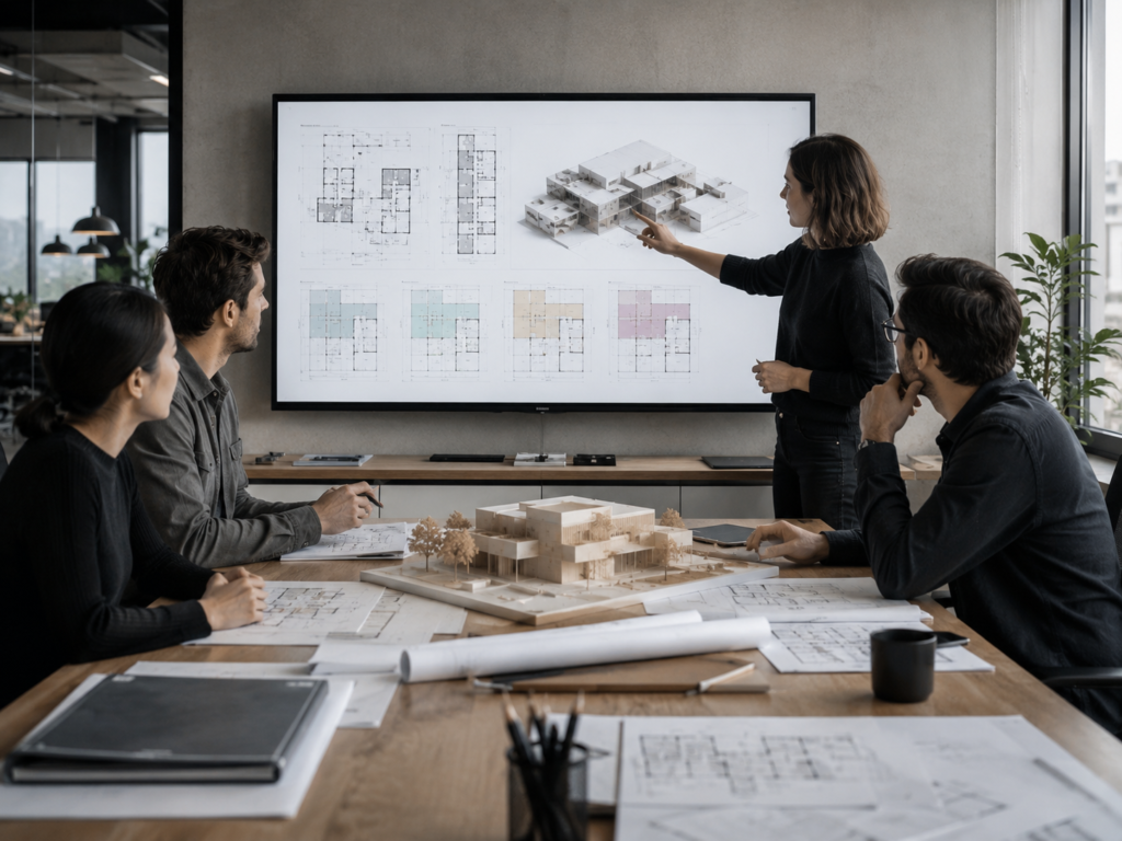 An architectural team discusses a digital model and spatial layouts on screens inside a studio