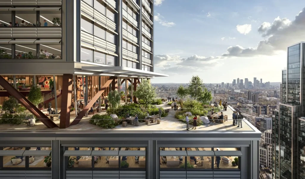 An elevated terrace with integrated planting beds, seating groups, and glazed perimeter fenestration.