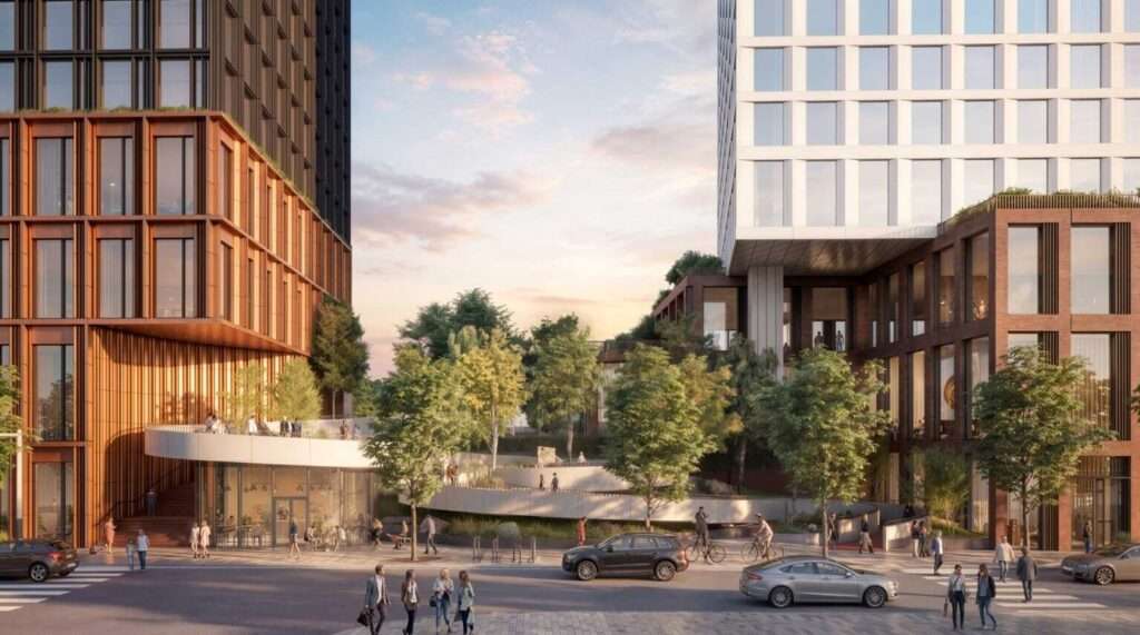 An architectural rendering of a curved staircase and ramp leading from a street intersection up to an elevated plaza.