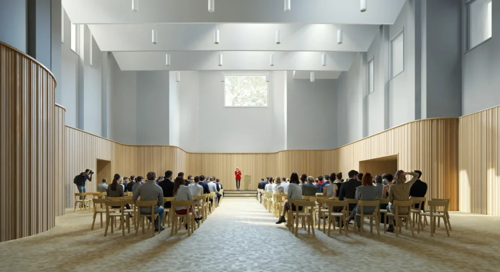 Interior view of a double-height auditorium filled with wooden chairs, featuring slatted timber walls.
