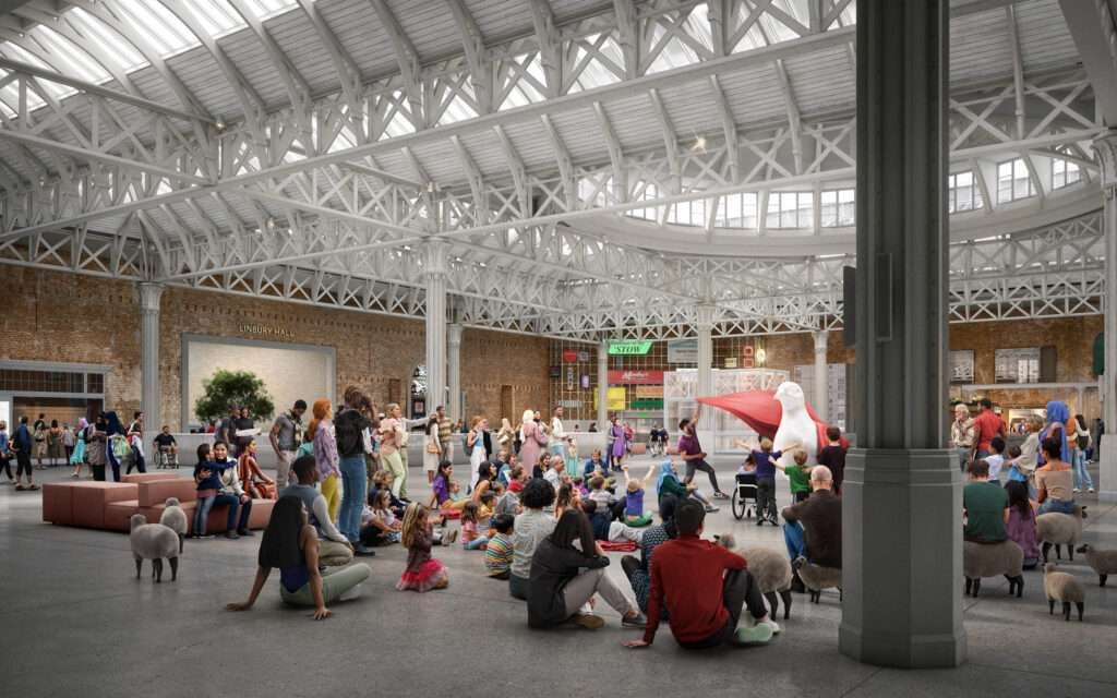 A large public welcome hall featuring an exposed white iron truss roof structure and public programming activities.
