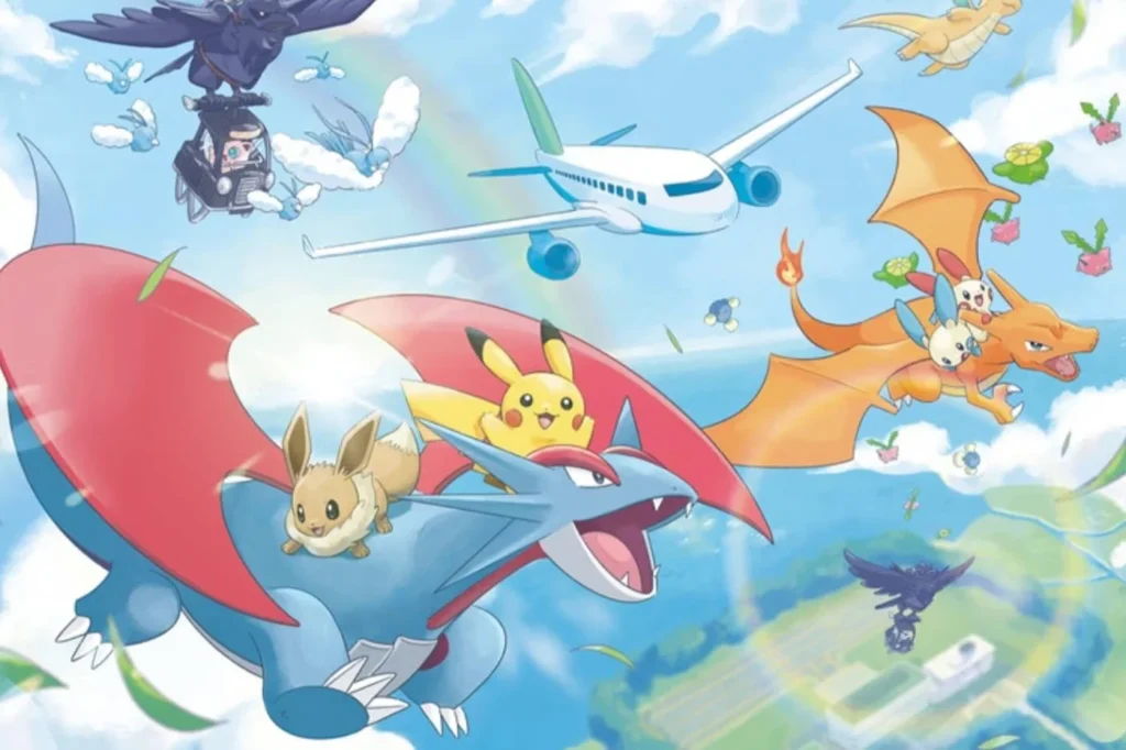 An illustrative graphic showing characters flying alongside a commercial airplane over a landscape.