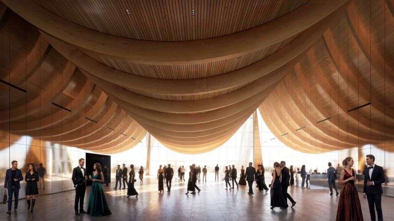A large interior hall filled with people, featuring a curved timber roof and mirrored walls.