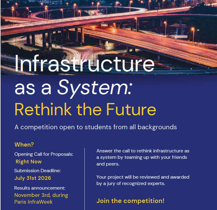 Promotional image for the InfraVision 2026 Student Competition, challenging students to develop resilient, adaptive, and sustainable infrastructure solutions for future cities and communities.