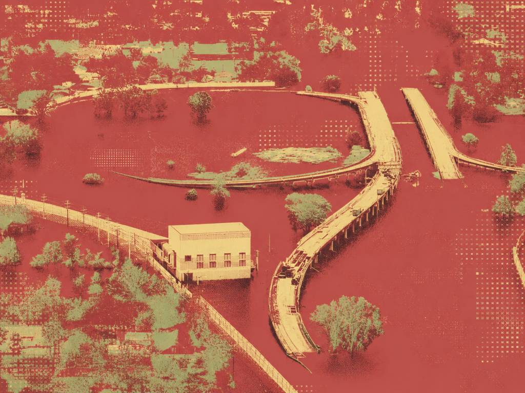 An artistic aerial view in red and beige tones showing a building, roads, and bridge infrastructure completely submerged under floodwaters.