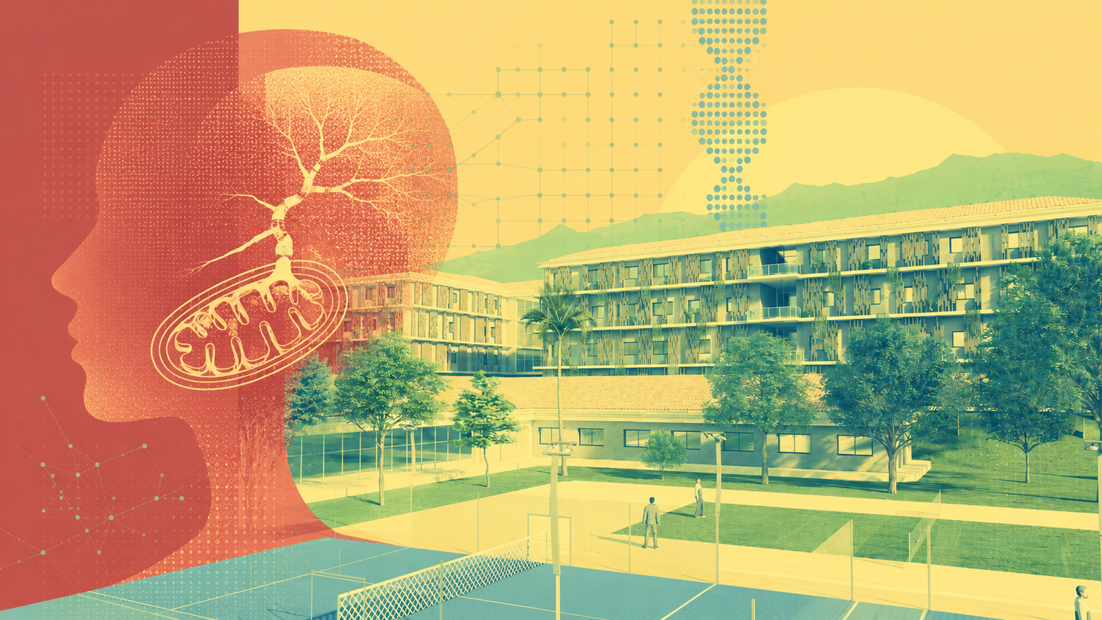 Conceptual collage combining therapeutic architecture, cellular biology, and adaptive healing environments.