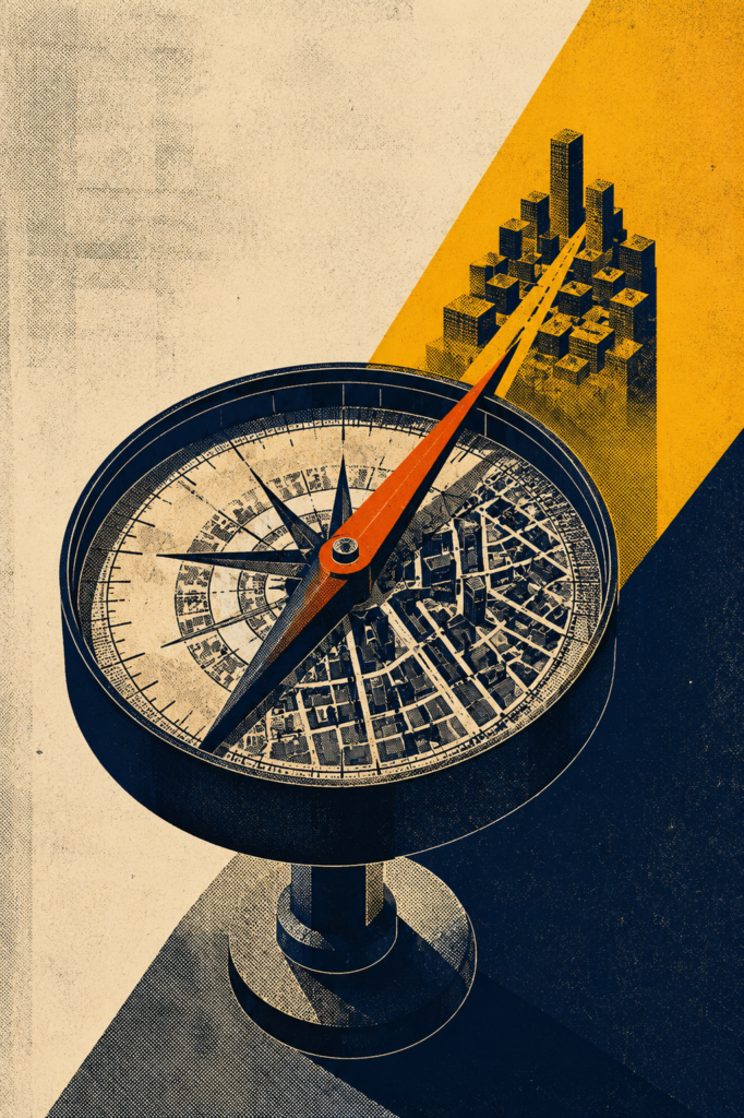 ArchUp halftone illustration depicting a large compass containing a dense street grid with its orange needle pointing outward toward an extruded geometric skyscraper cluster