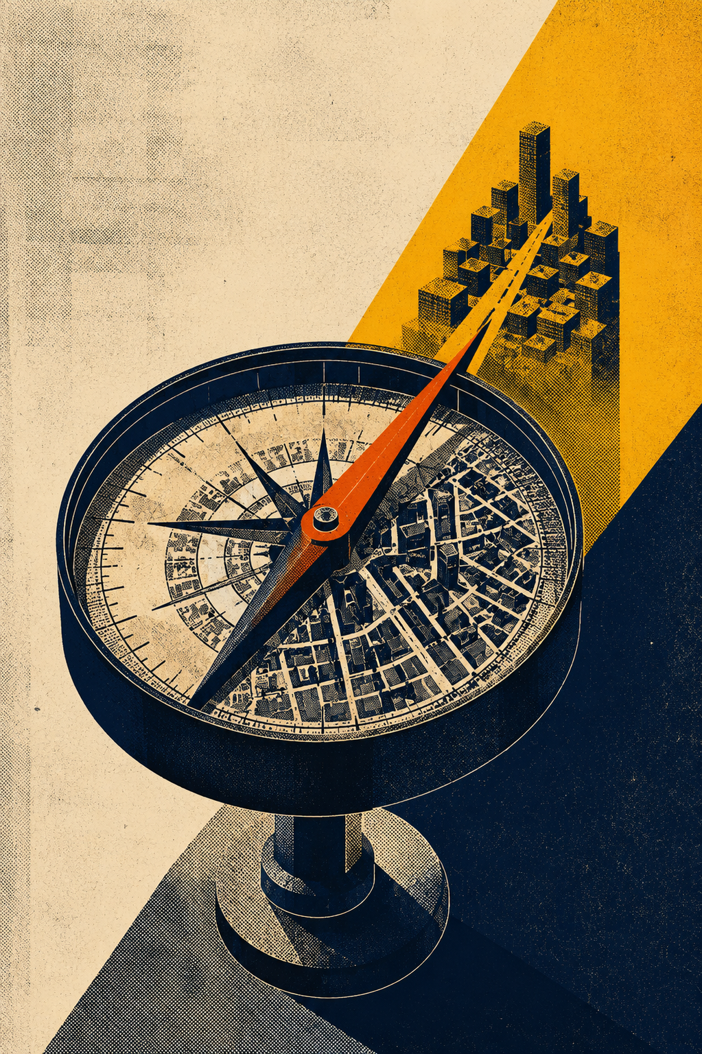 ArchUp halftone illustration depicting a large compass containing a dense street grid with its orange needle pointing outward toward an extruded geometric skyscraper cluster