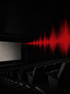ArchUp graphic showing an empty darkened movie theater interior where a large red digital audio waveform projects horizontally from a blank glowing screen across the seating area