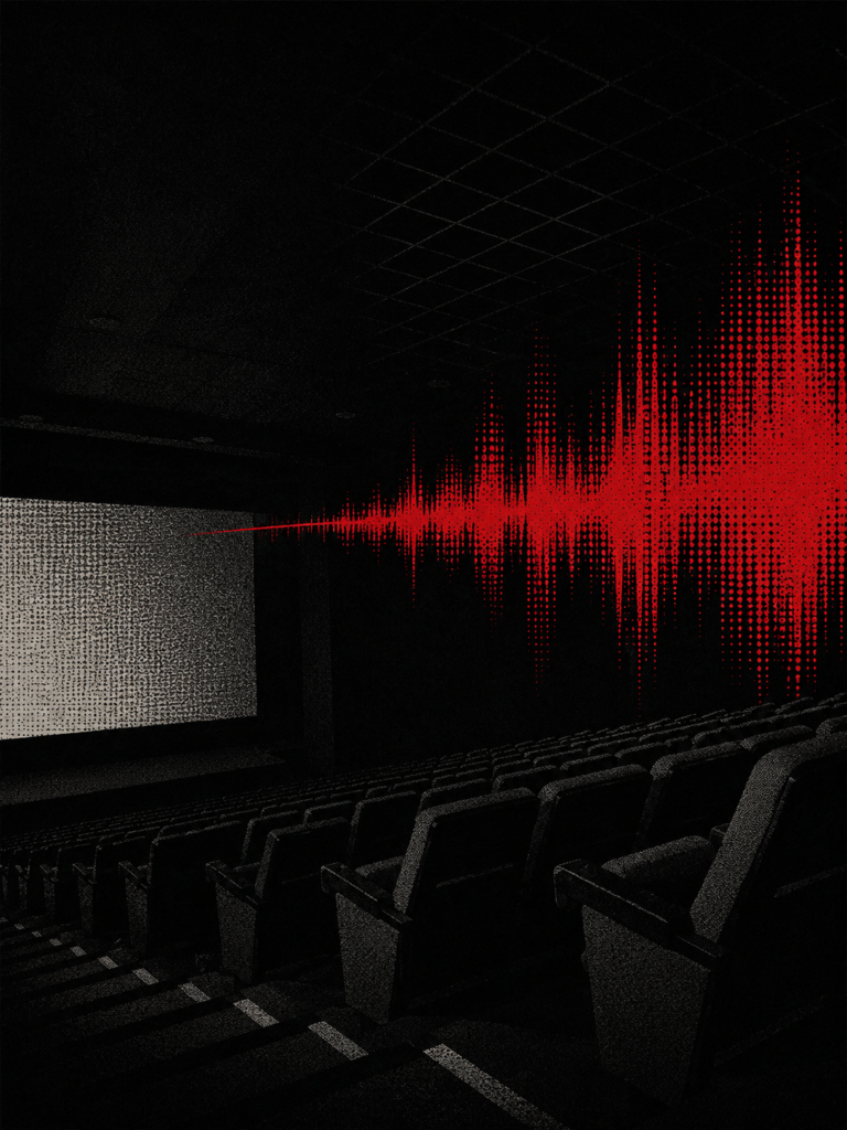 ArchUp graphic showing an empty darkened movie theater interior where a large red digital audio waveform projects horizontally from a blank glowing screen across the seating area