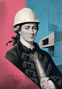 Illustration of an 18th-century portrait figure wearing a modern hard hat, set against architectural blueprints and a pink and blue background