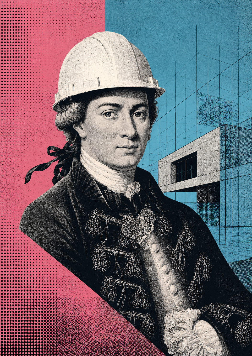 Illustration of an 18th-century portrait figure wearing a modern hard hat, set against architectural blueprints and a pink and blue background