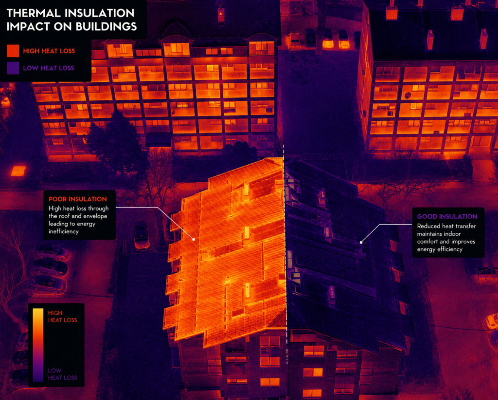 ArchUp thermal graphic displaying an aerial night view of residential buildings where a split roof compares bright orange high heat loss against dark purple well insulated sections