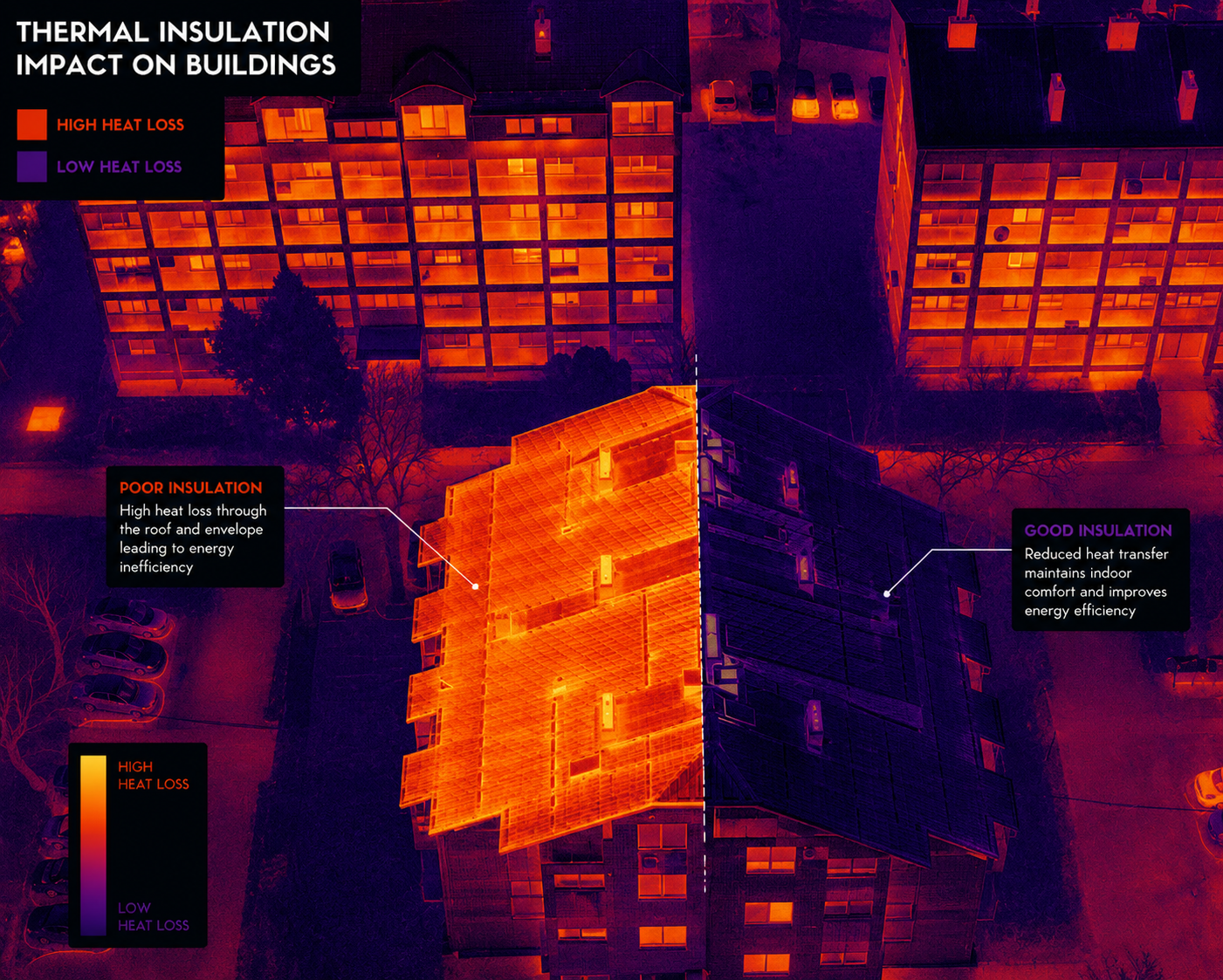 ArchUp thermal graphic displaying an aerial night view of residential buildings where a split roof compares bright orange high heat loss against dark purple well insulated sections