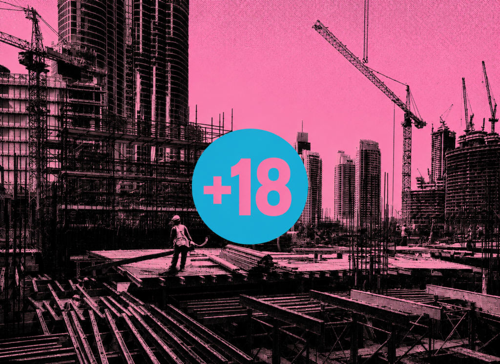 ArchUp halftone magenta graphic depicting a black silhouetted construction site with cranes and workers centered around a cyan circle containing the number eighteen in pink