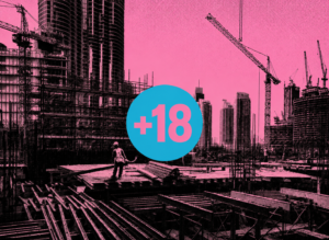 ArchUp halftone magenta graphic depicting a black silhouetted construction site with cranes and workers centered around a cyan circle containing the number eighteen in pink