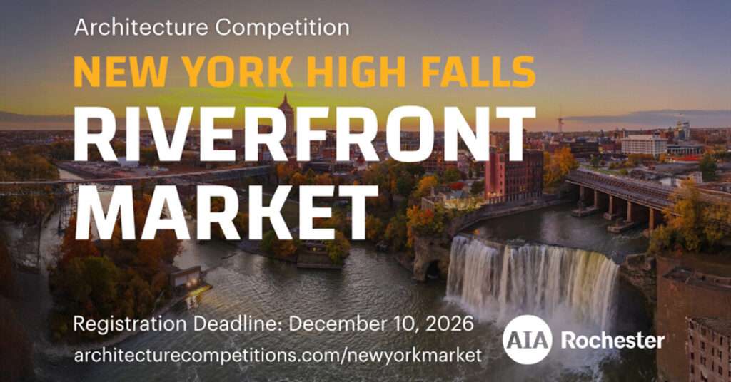 Promotional image for The New York High Falls Riverfront Market competition, showcasing a visionary proposal for a public market and mixed-use destination along the historic riverfront in New York.