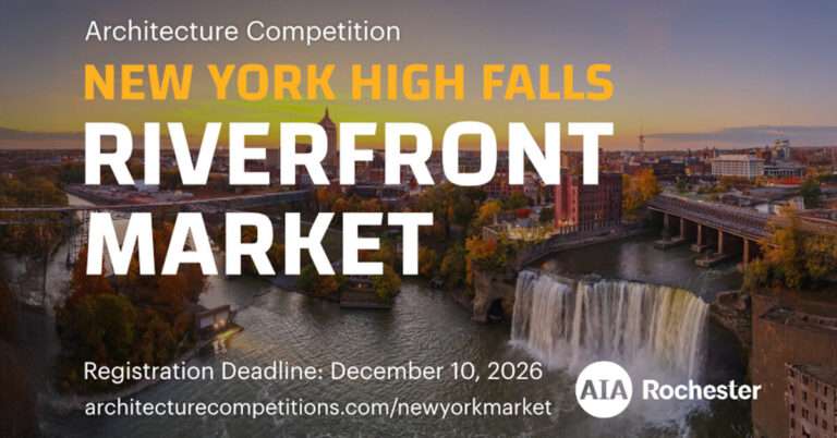 Promotional image for The New York High Falls Riverfront Market competition, showcasing a visionary proposal for a public market and mixed-use destination along the historic riverfront in New York.