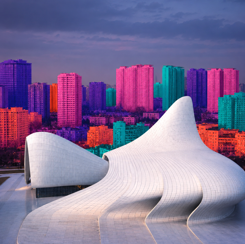 ArchUp photograph contrasting a white fluid parametric structure with a background of densely packed rectangular residential towers digitally saturated in bright pink blue and orange hues